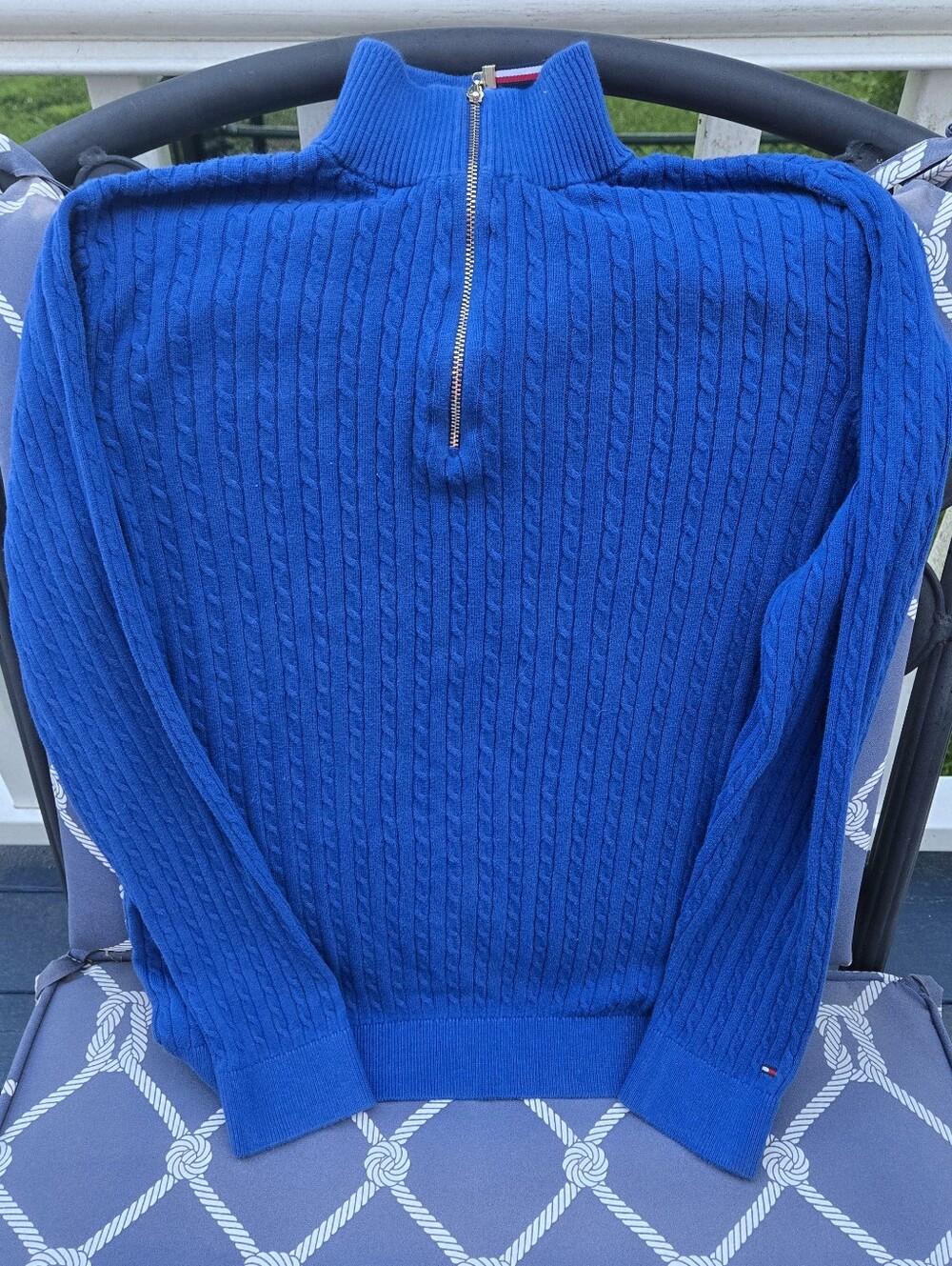 Tommy Hilfiger Cotton Quarter-Zip Cable-Knit Sweater Mockneck True Blue Royal L